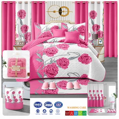Pink floral bedding set with matching curtains and decor in a bedroom setting.
