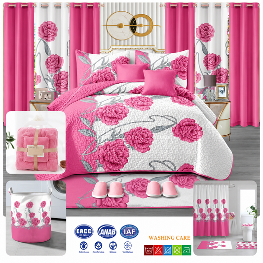 Pink floral bedding set with matching curtains and decor in a bedroom setting.