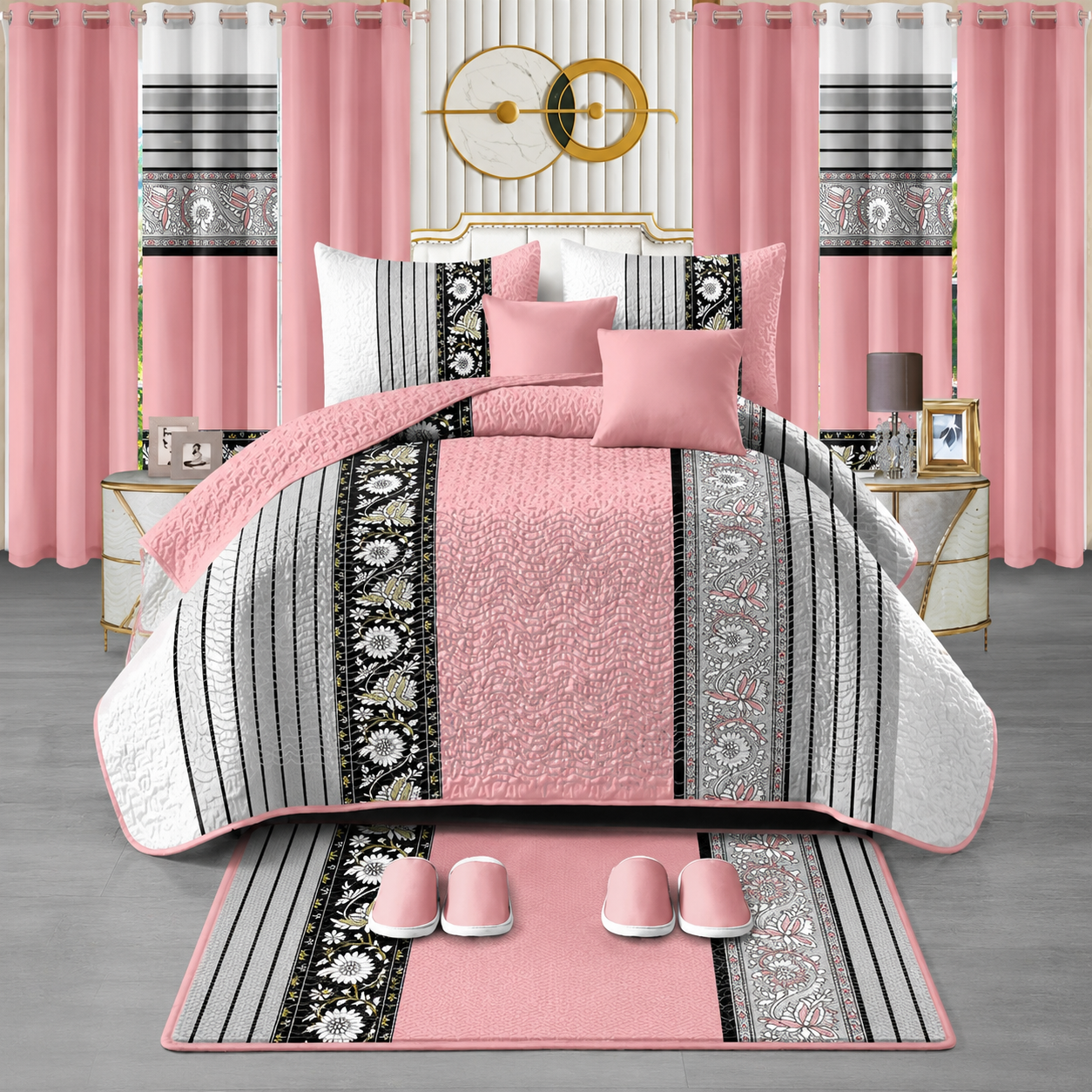 Ensemble de literie King 24 pièces avec rideaux assortis – Collection luxueuse ornée rose poudré
