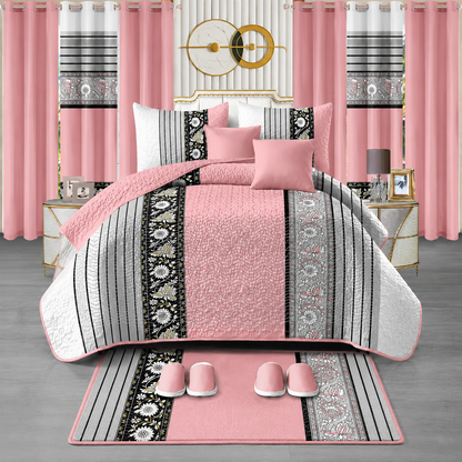 Ensemble de literie King 24 pièces avec rideaux assortis – Collection luxueuse ornée rose poudré