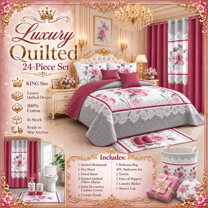 24-Piece King Size Luxury Bedding Set with Curtains & Bathroom Accessories – Burgundy & Pink Floral Elegance Clessenza Beauty Store