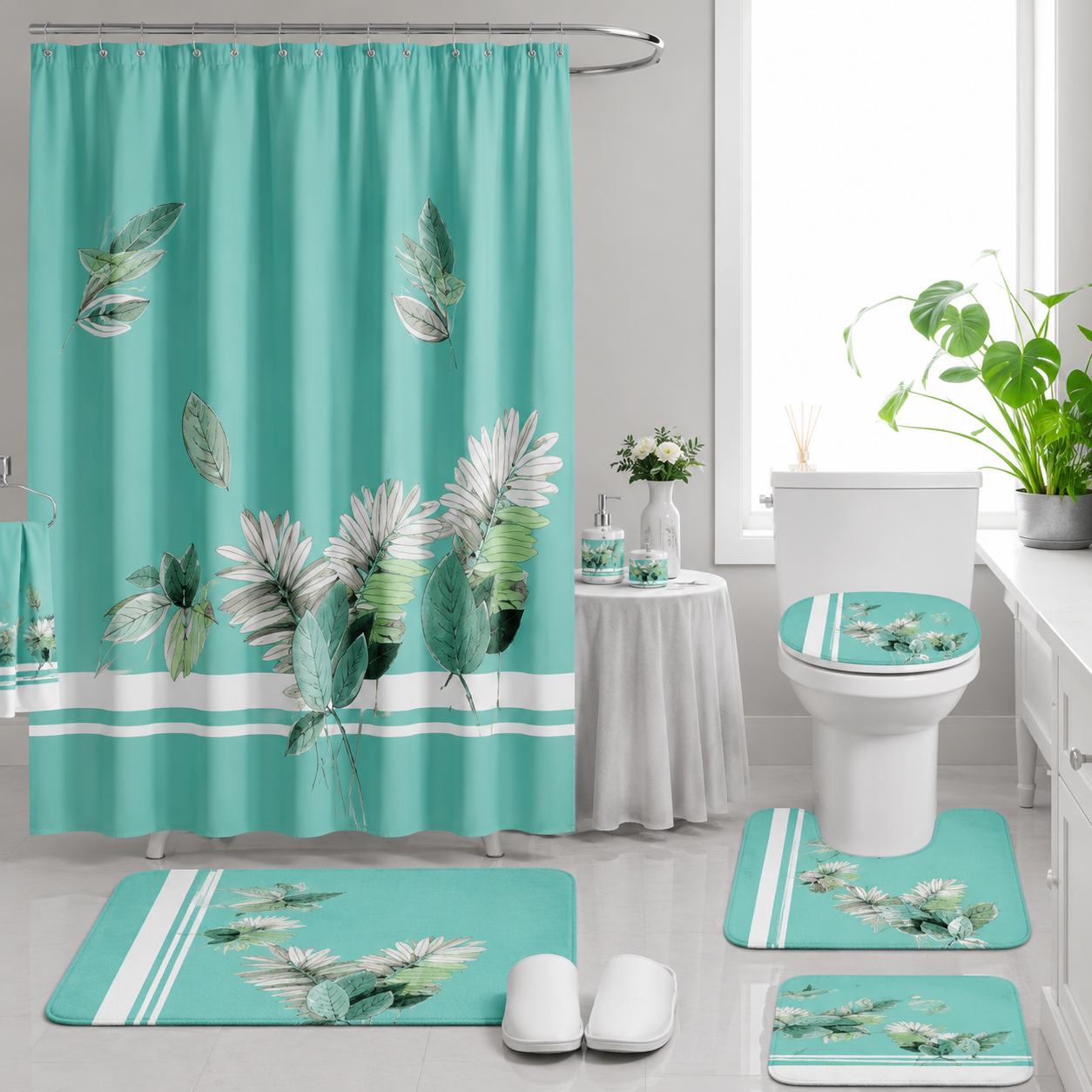 Ensemble de Literie Luxe Floral Turquoise 24 Pièces King avec Rideaux et Accessoires de Salle de Bain