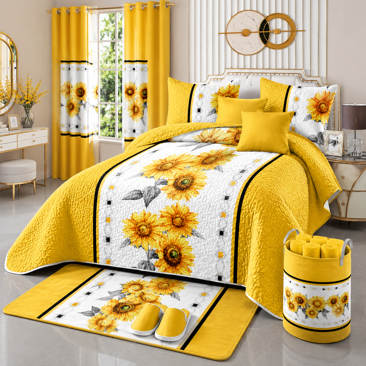 Ensemble de Literie Luxe Tournesol Jaune et Blanc 24 Pièces King avec Rideaux et Accessoires de Salle de Bain