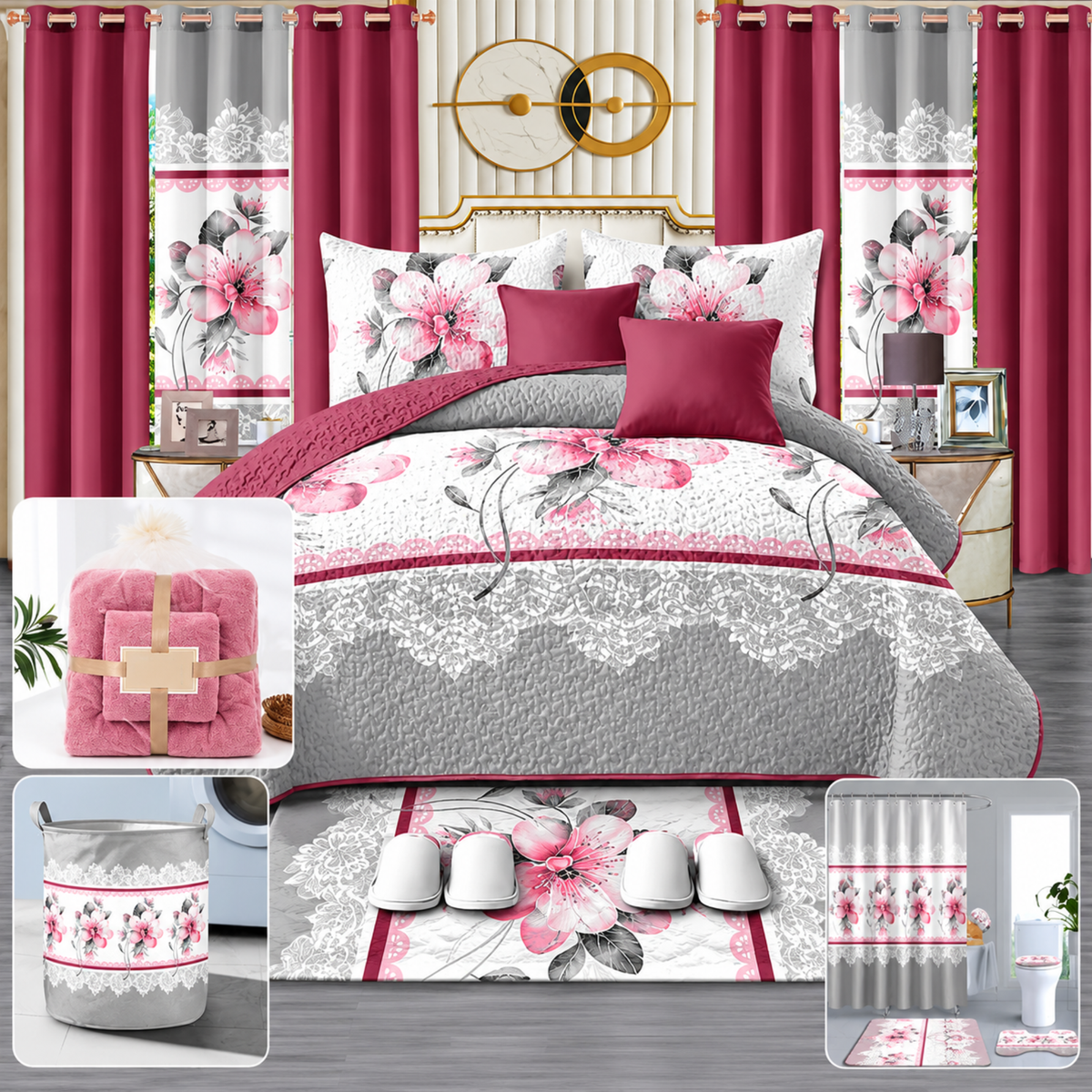 24-Piece King Size Luxury Bedding Set with Curtains & Bathroom Accessories – Burgundy & Pink Floral Elegance Clessenza Beauty Store