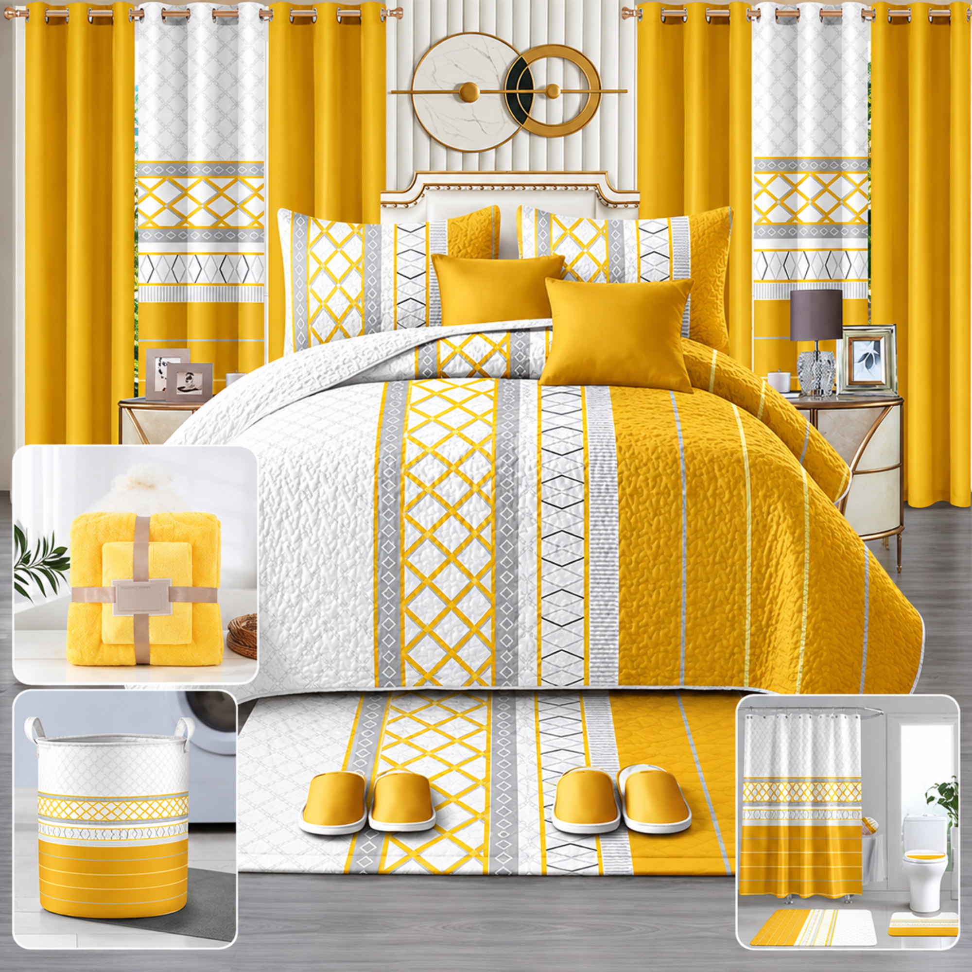24-Piece Luxury King Size Bedding Set with Matching Curtains & Bathroom Accessories – Golden Yellow Geometric Elegance Clessenza Beauty Store