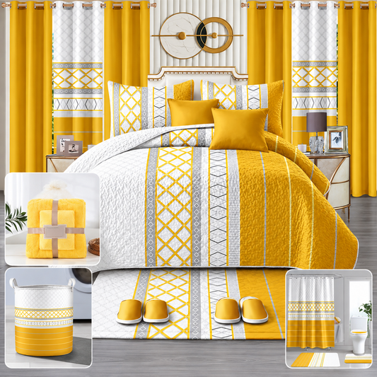 24-Piece Luxury King Size Bedding Set with Matching Curtains & Bathroom Accessories – Golden Yellow Geometric Elegance Clessenza Beauty Store