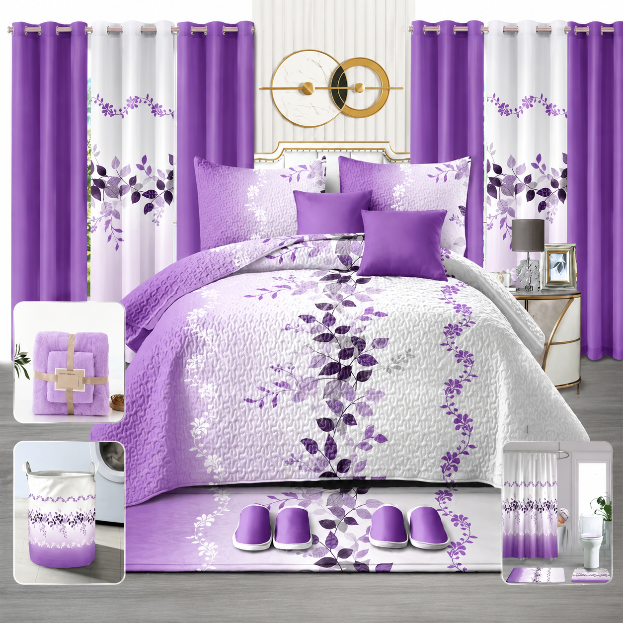 Purple and white floral bedding set displayed on a bed, with matching curtains, pillows, a folded comforter, bath mat, slippers, and a small rug shown in inset detail panels. The room has a gold-framed wall clock and gray flooring.
