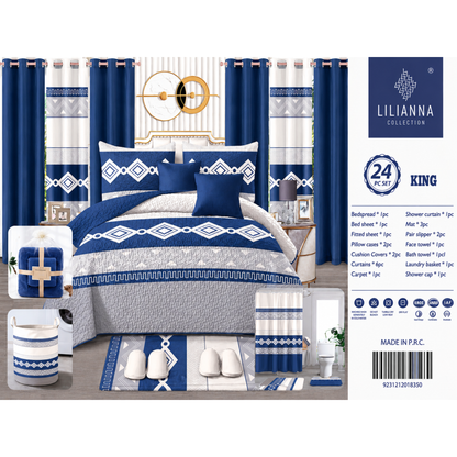 24-Piece King Size Blue & White Geometric Luxury Bedding Set with Curtains & Bathroom Accessories