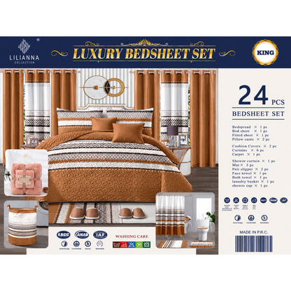 Ensemble de Literie Luxe Géométrique Brun 24 Pièces King avec Rideaux et Accessoires de Salle de Bain