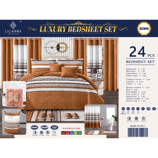 Ensemble de Literie Luxe Géométrique Brun 24 Pièces King avec Rideaux et Accessoires de Salle de Bain