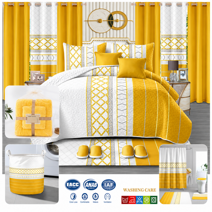 24-piece king size luxury bedding set featuring an elegant gold and white geometric comforter, matching curtains, decorative cushions, shower curtain, bathroom mats, towels, slippers, laundry basket, and coordinated bathroom accessories.