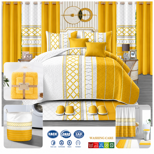 24-piece king size luxury bedding set featuring an elegant gold and white geometric comforter, matching curtains, decorative cushions, shower curtain, bathroom mats, towels, slippers, laundry basket, and coordinated bathroom accessories.