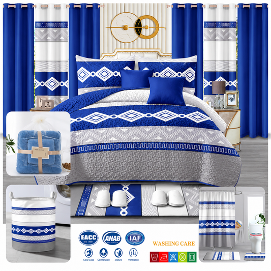 24-Piece King Size Luxury Bedding Set with Curtains & Bathroom Accessories – Blue & White Geometric Design