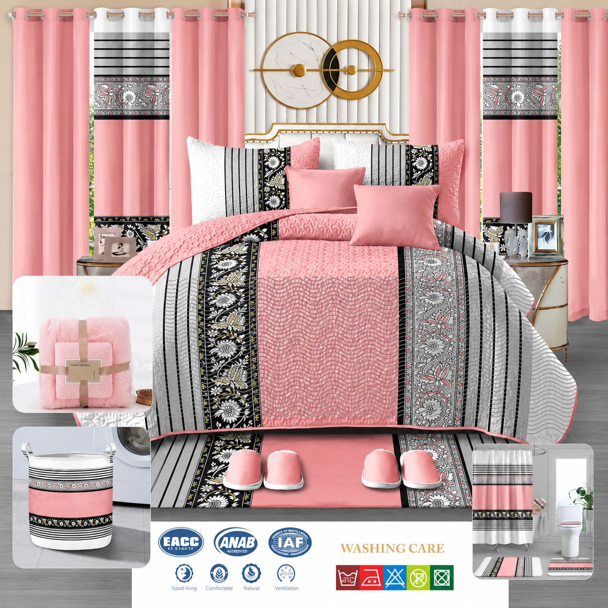 24-Piece King Size Luxury Bedding Set with Curtains & Bathroom Accessories – Blush Pink, Black & Gray Elegance Clessenza Beauty Store