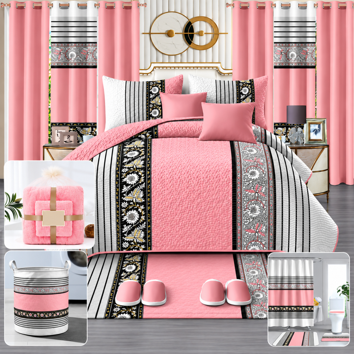 24-Piece King Size Luxury Bedding Set with Curtains & Bathroom Accessories – Blush Pink, Black & Gray Elegance Clessenza Beauty Store