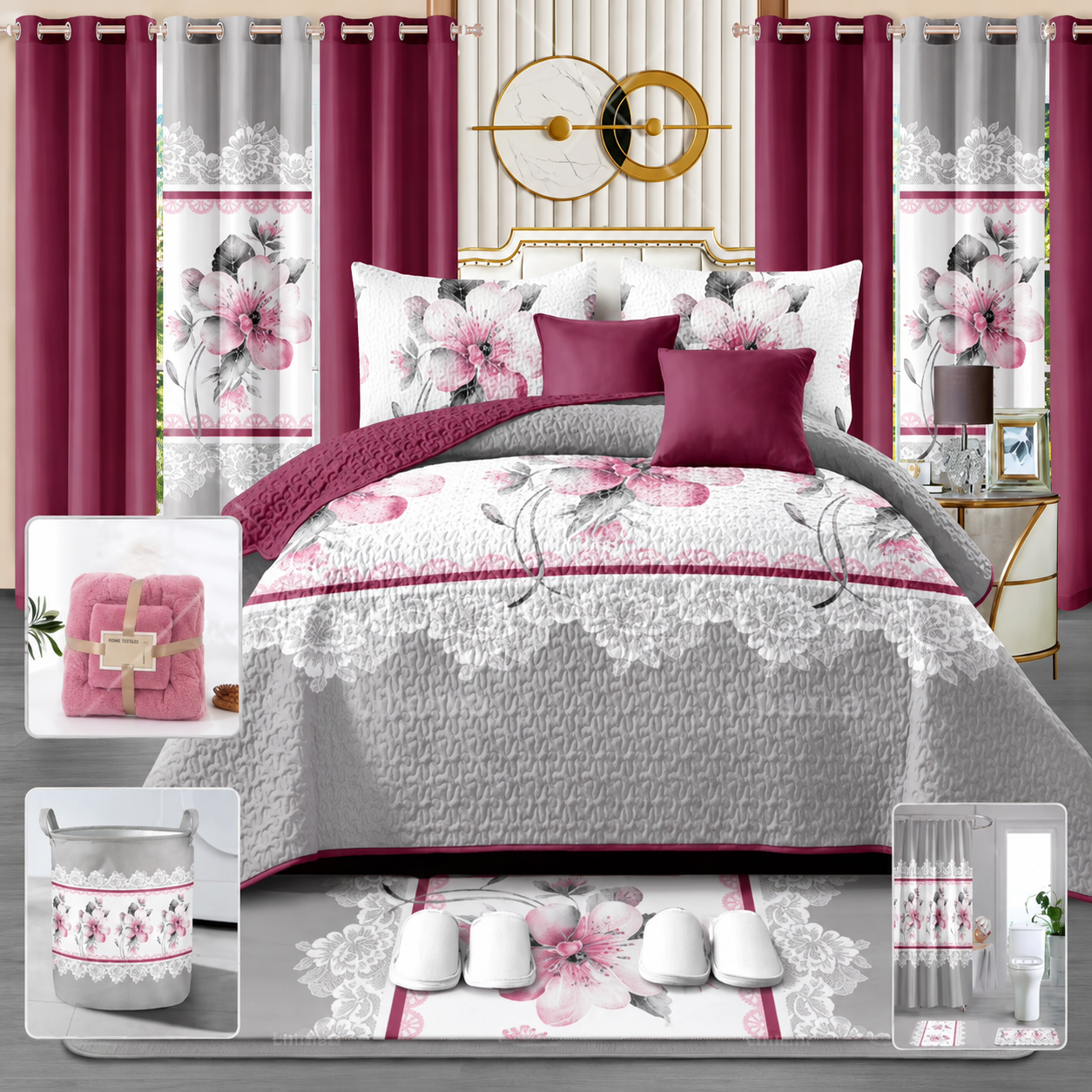 24-Piece King Size Luxury Bedding Set with Curtains & Bathroom Accessories – Burgundy & Pink Floral Elegance Clessenza Beauty Store