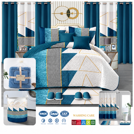 24-piece king size luxury bedding set featuring a navy blue geometric comforter, matching curtains, decorative cushions, bathroom mats, shower curtain, towels, laundry basket, slippers, and coordinated bathroom accessories.