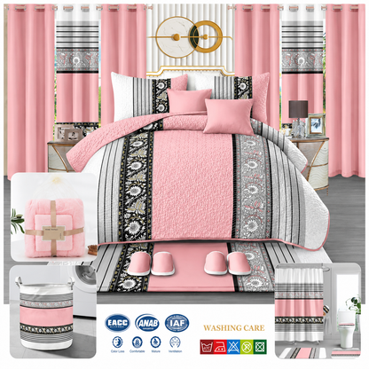 24-piece king size luxury bedding set featuring a pink and grey comforter, matching curtains, decorative cushions, bathroom mats, shower curtain, towels, laundry basket, slippers, and coordinated bathroom accessories.