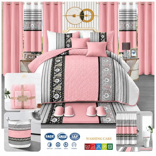 24-piece king size luxury bedding set featuring a pink and grey comforter, matching curtains, decorative cushions, bathroom mats, shower curtain, towels, laundry basket, slippers, and coordinated bathroom accessories.
