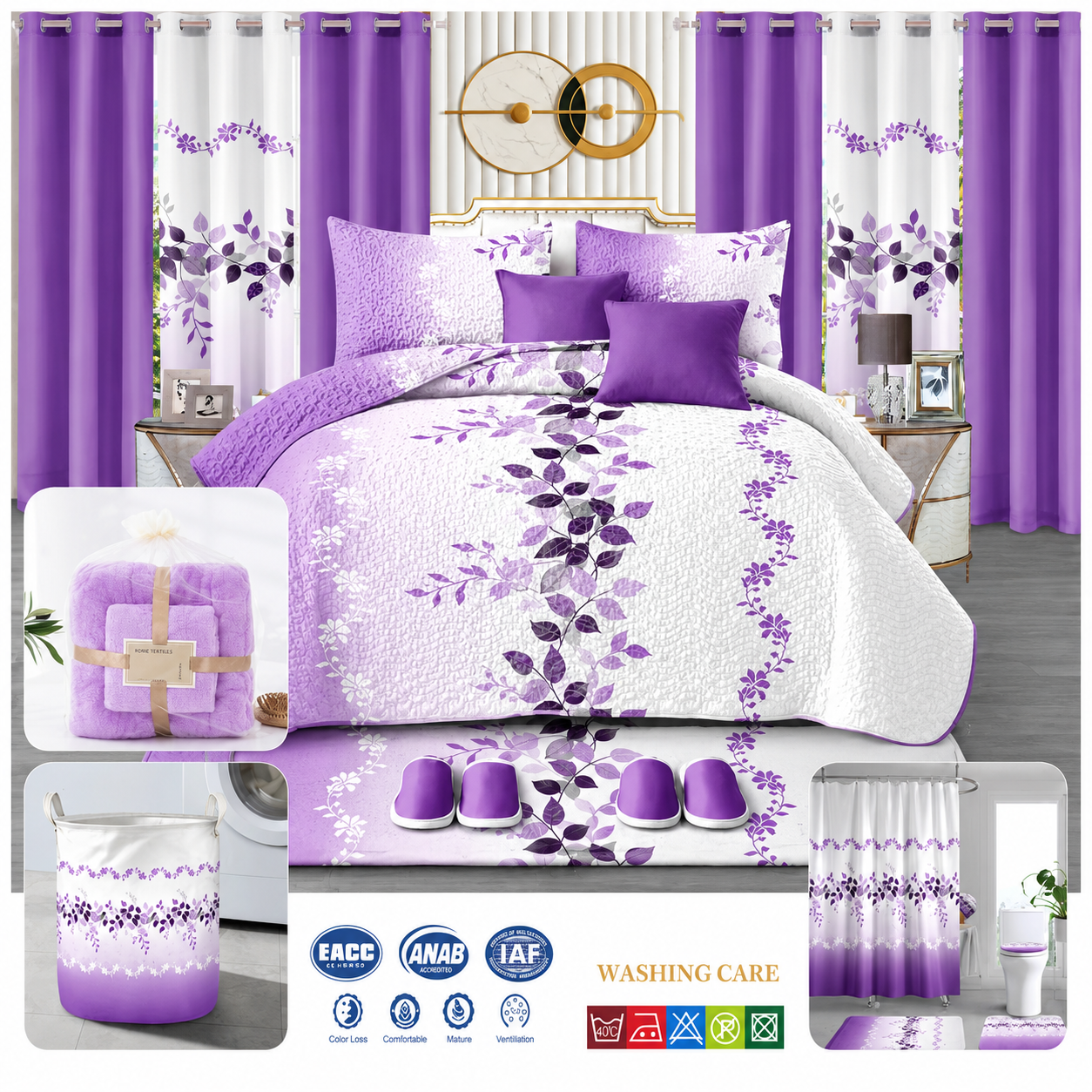24-piece king size luxury bedding set featuring a purple floral comforter, matching curtains, decorative cushions, shower curtain, bathroom mats, towels, slippers, laundry basket, and coordinated bathroom accessories.