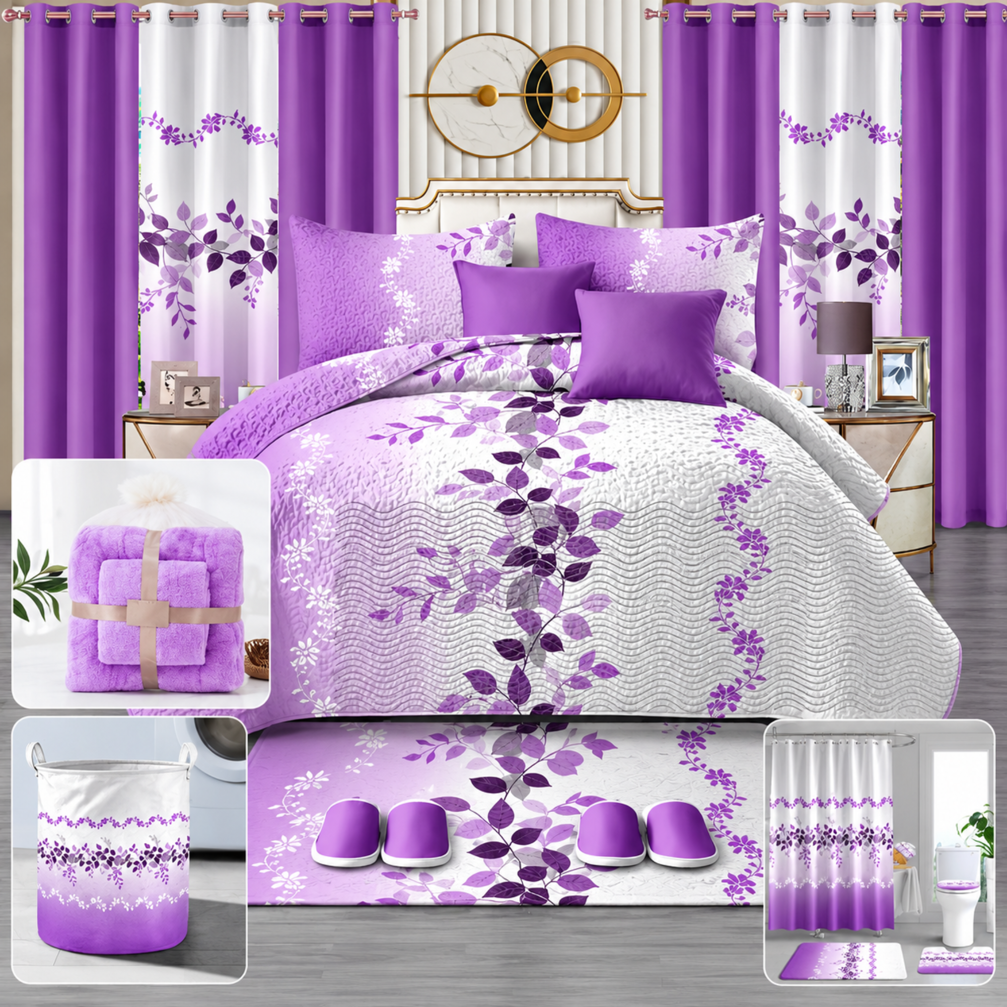 24-Piece King Size Luxury Bedding Set with Curtains & Bathroom Accessories – Purple Floral Design Clessenza Beauty Store