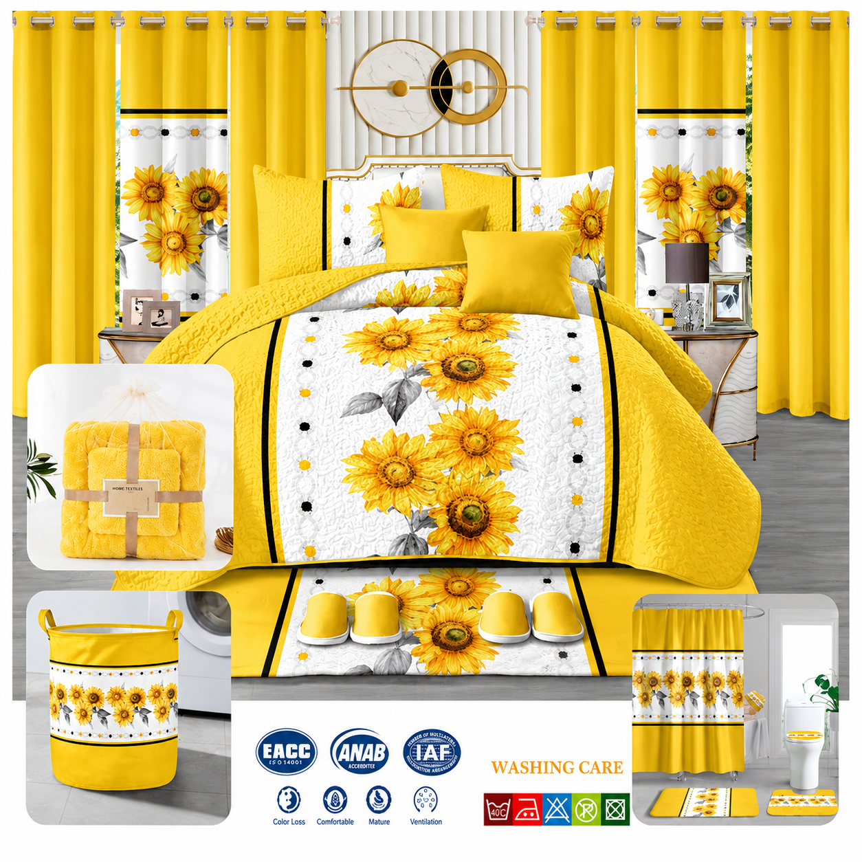 24-piece king size luxury bedding set featuring a sunflower floral comforter in yellow and white, matching curtains, decorative cushions, shower curtain, bathroom mats, towels, slippers, laundry basket, and coordinated bathroom accessories.