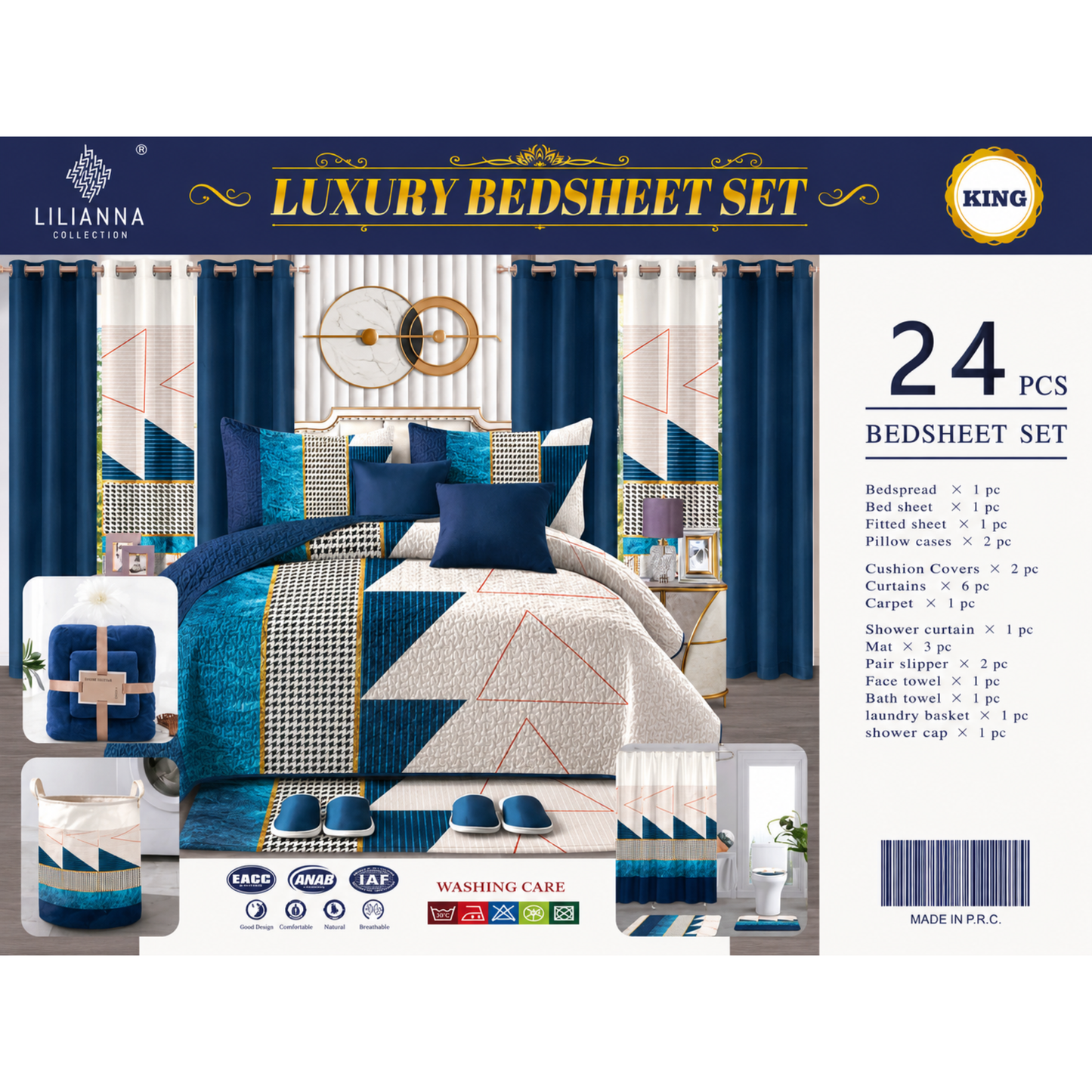 Ensemble de Literie Luxe Géométrique Bleu Marine 24 Pièces King avec Rideaux et Accessoires de Salle de Bain