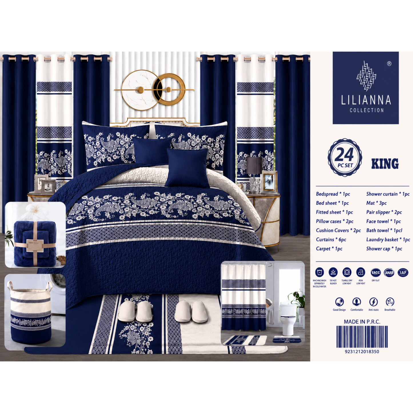 Ensemble de Literie Luxe Bleu Marine 24 Pièces King avec Rideaux et Accessoires de Salle de Bain