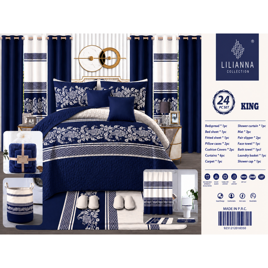 Ensemble de Literie Luxe Bleu Marine 24 Pièces King avec Rideaux et Accessoires de Salle de Bain