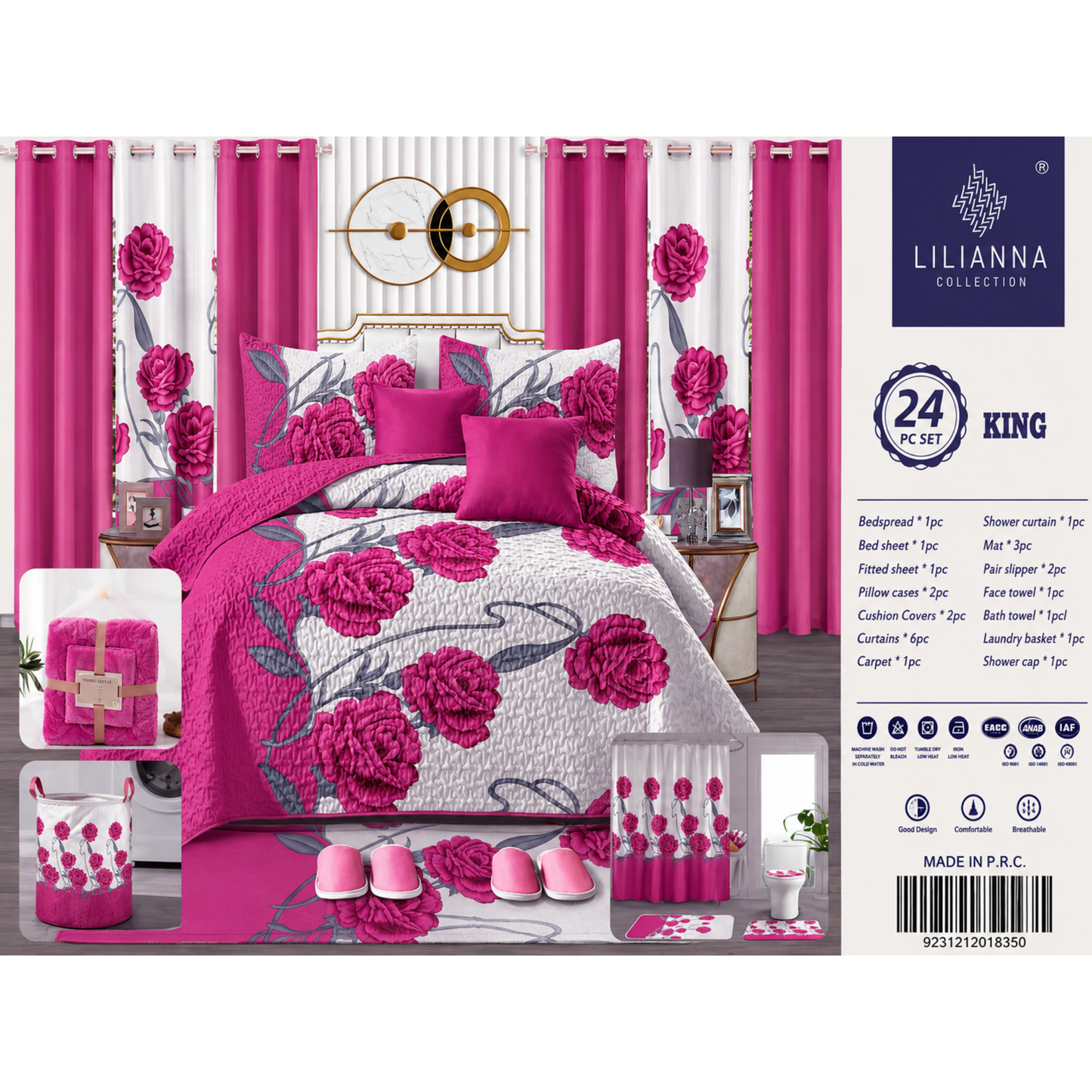 Ensemble de Literie Luxe Floral Rose 24 Pièces King avec Rideaux et Accessoires de Salle de Bain