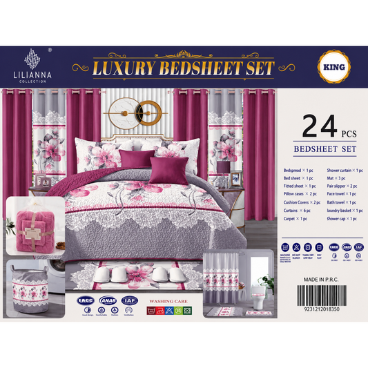 Ensemble de Literie Luxe Floral Rose et Gris 24 Pièces King avec Rideaux et Accessoires de Salle de Bain