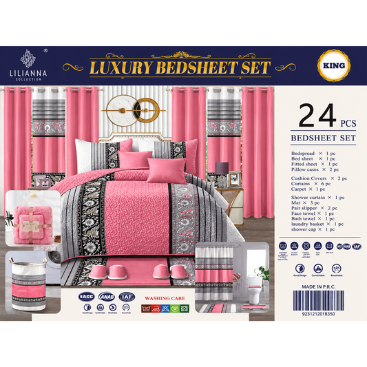 Ensemble de literie King 24 pièces avec rideaux assortis – Collection luxueuse ornée rose poudré