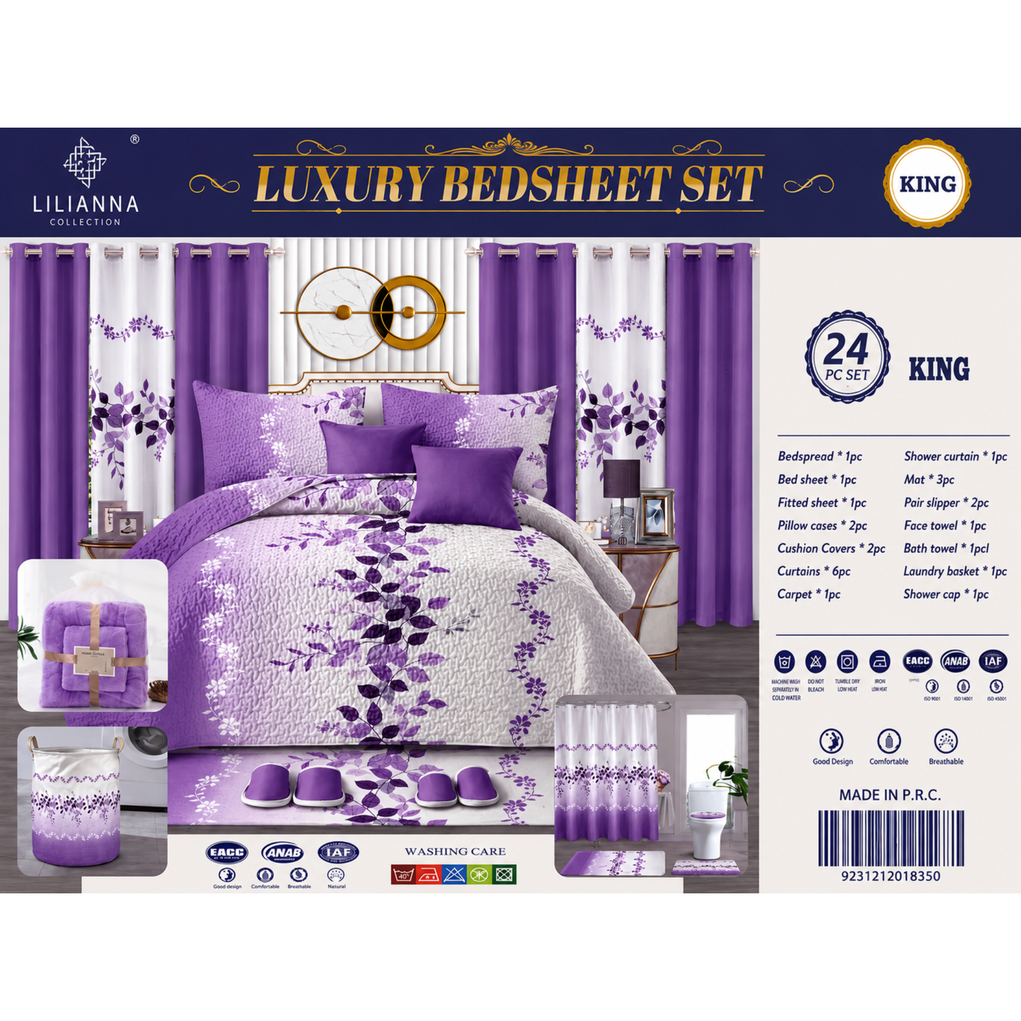 24-Piece King Size Purple Floral Luxury Bedding Set with Curtains & Bathroom Accessories