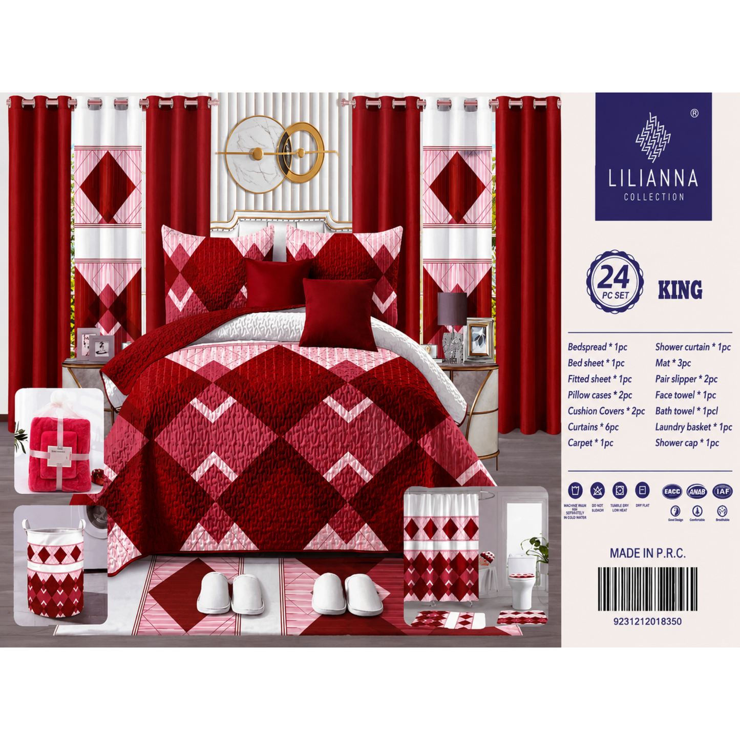 Ensemble de Literie Luxe Rouge à Motif Losange 24 Pièces King avec Rideaux et Accessoires de Salle de Bain