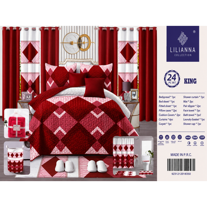 Ensemble de Literie Luxe Rouge à Motif Losange 24 Pièces King avec Rideaux et Accessoires de Salle de Bain