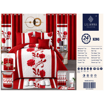 Ensemble de Literie Luxe Floral Rouge 24 Pièces King avec Rideaux et Accessoires de Salle de Bain