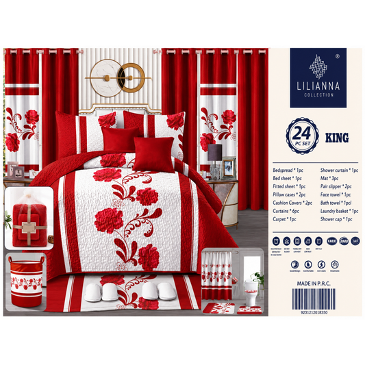Ensemble de Literie Luxe Floral Rouge 24 Pièces King avec Rideaux et Accessoires de Salle de Bain