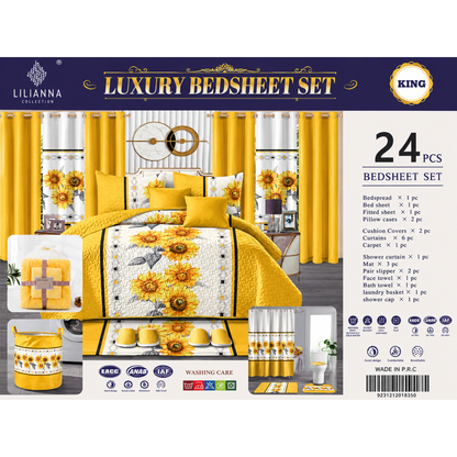 Ensemble de Literie Luxe Tournesol Jaune et Blanc 24 Pièces King avec Rideaux et Accessoires de Salle de Bain