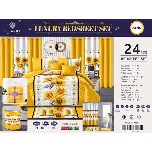 Ensemble de Literie Luxe Tournesol Jaune et Blanc 24 Pièces King avec Rideaux et Accessoires de Salle de Bain