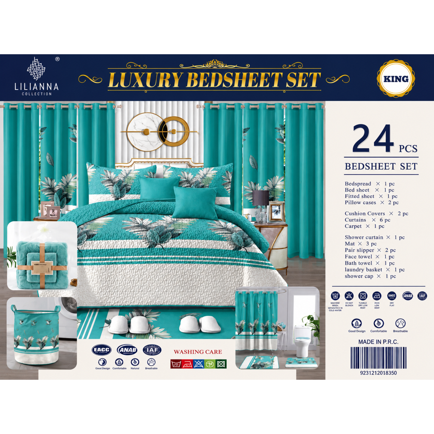 Ensemble de Literie Luxe Floral Turquoise 24 Pièces King avec Rideaux et Accessoires de Salle de Bain