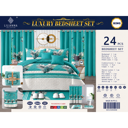 Ensemble de Literie Luxe Floral Turquoise 24 Pièces King avec Rideaux et Accessoires de Salle de Bain