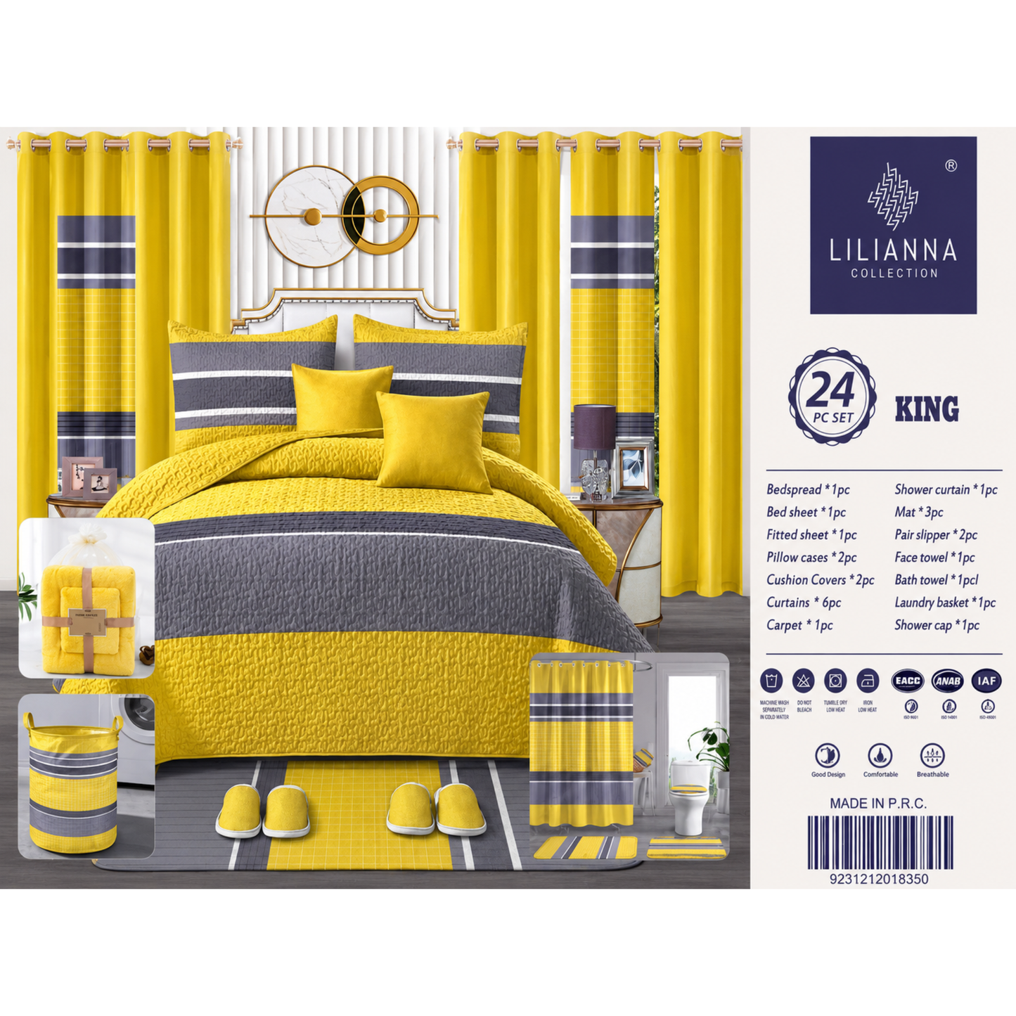 24-Piece King Size Yellow & Grey Luxury Bedding Set with Curtains & Bathroom Accessories