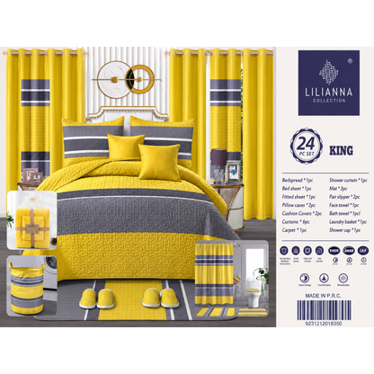 24-Piece King Size Yellow & Grey Luxury Bedding Set with Curtains & Bathroom Accessories