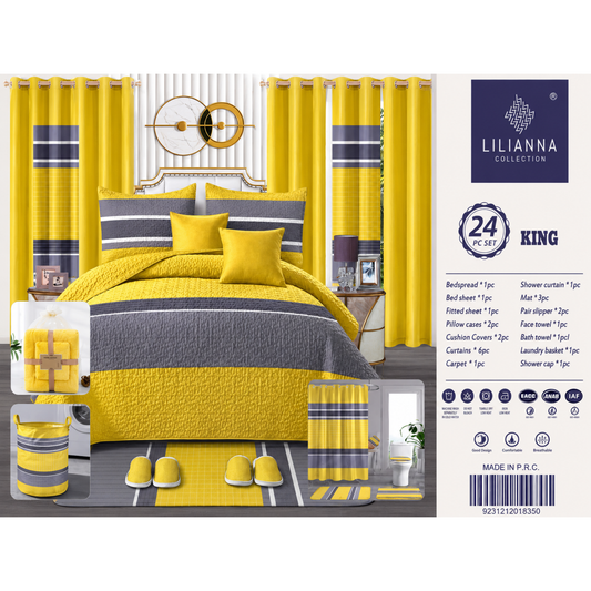 Ensemble de Literie Luxe Jaune et Gris 24 Pièces King avec Rideaux et Accessoires de Salle de Bain
