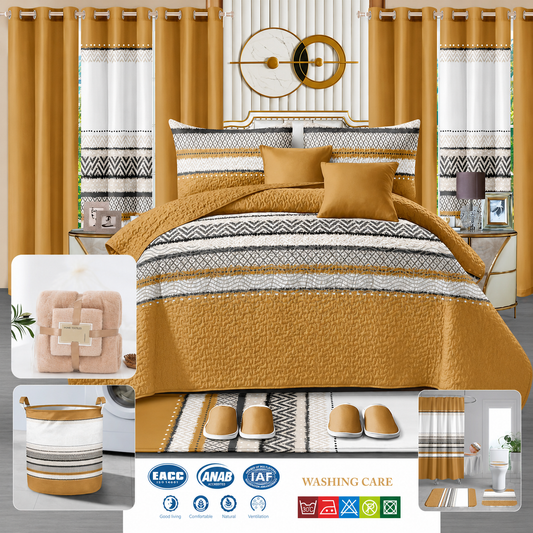 24-Piece Luxury Bedding Set with Matching Curtains & Bathroom Accessories – Mustard Gold & Black Geometric Elegance Clessenza Beauty Store