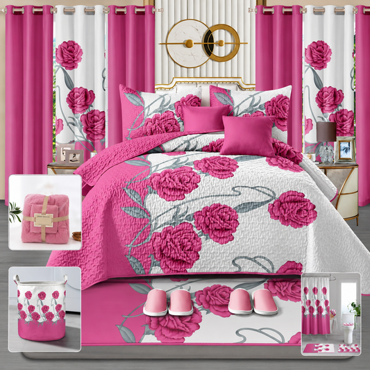 24-Piece Luxury Bedding Set with Matching Curtains & Bathroom Accessories – Pink Floral Elegance Clessenza Beauty Store