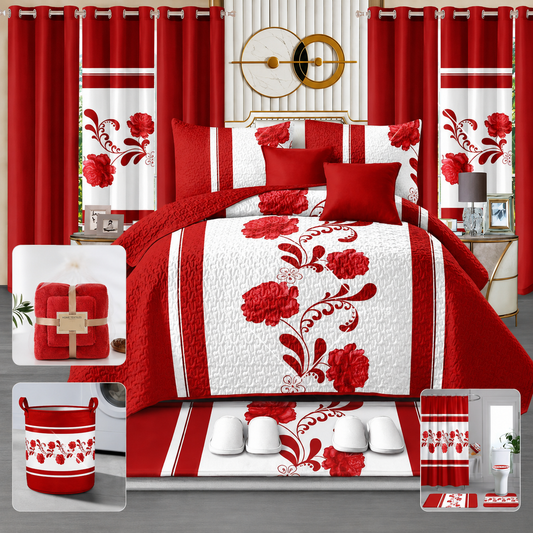 24-Piece Luxury Bedding Set with Matching Curtains & Bathroom Accessories – Red Floral Elegance Clessenza Beauty Store