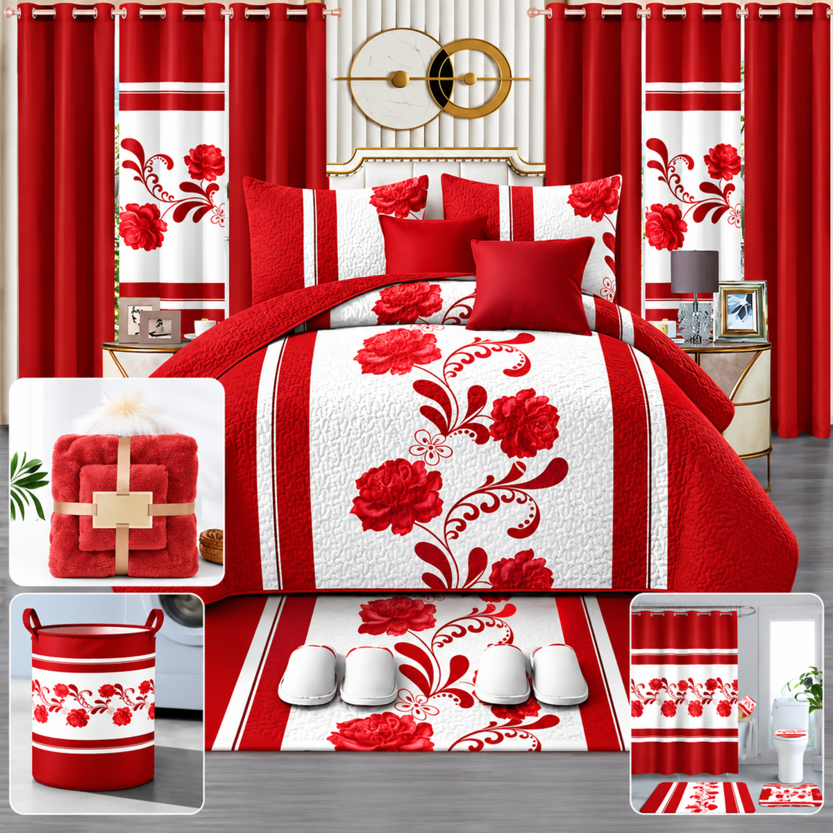 24-Piece Luxury Bedding Set with Matching Curtains & Bathroom Accessories – Red Floral Elegance Clessenza Beauty Store