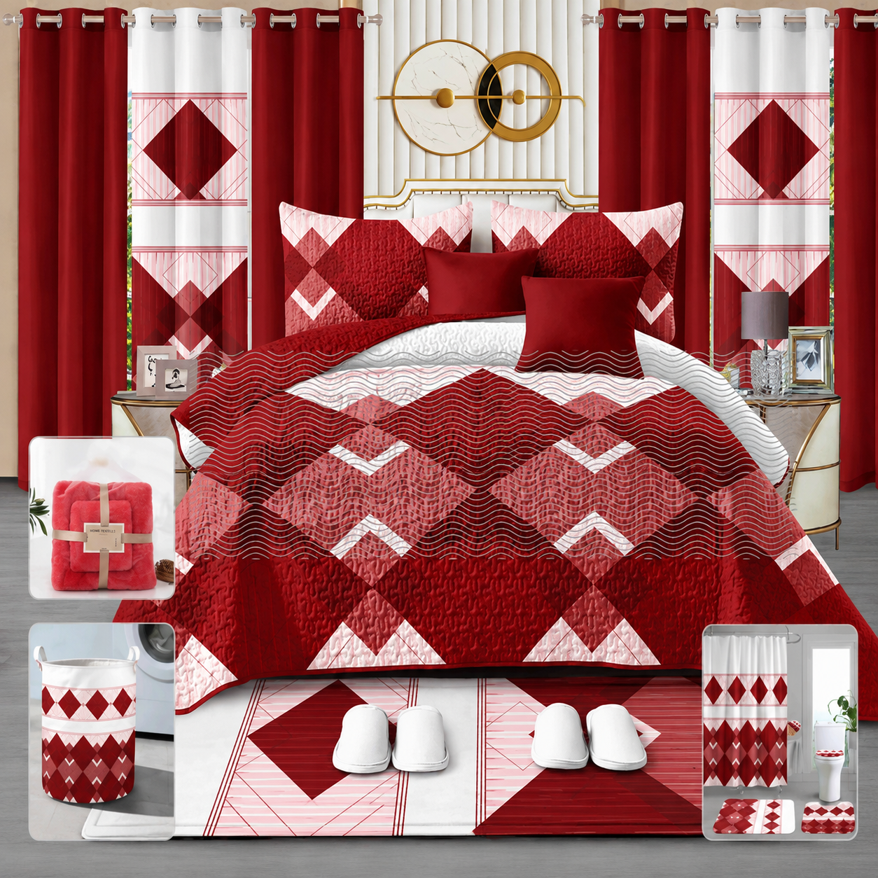 24-Piece Luxury Bedding Set with Matching Curtains & Bathroom Accessories – Red Geometric Elegance Clessenza Beauty Store