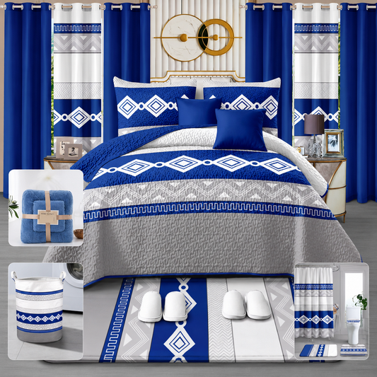 24-Piece Luxury Bedding Set with Matching Curtains & Bathroom Accessories – Royal Blue Geometric Elegance Clessenza Beauty Store
